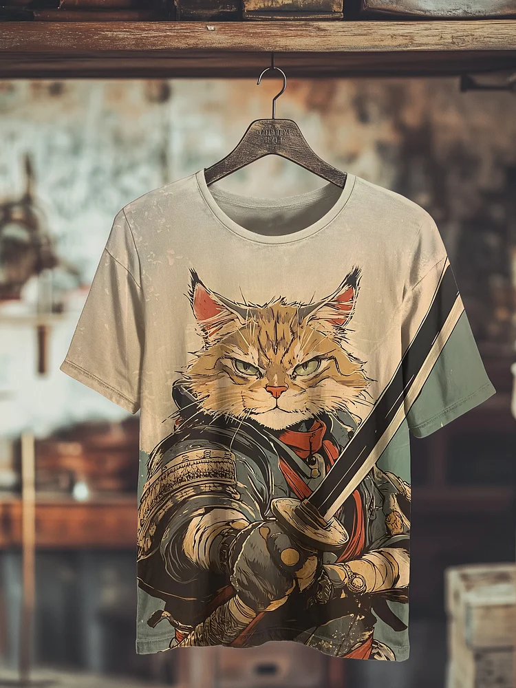 Men's Japanese Samurai Cat Art Print Casual T-Shirt
