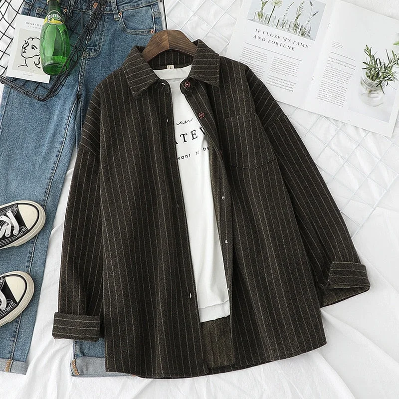 Woolen Striped Shirts Women Blouses And Tops Long Sleeve Female Clothes Outwear Loose New Arrival Yellow Grey