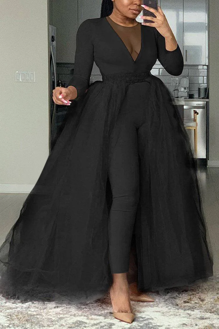 Xpluswear Plus Size Casual Black Deep V Neck Long Sleeve Tulle Skinny Jumpsuit With Skirt Overlay