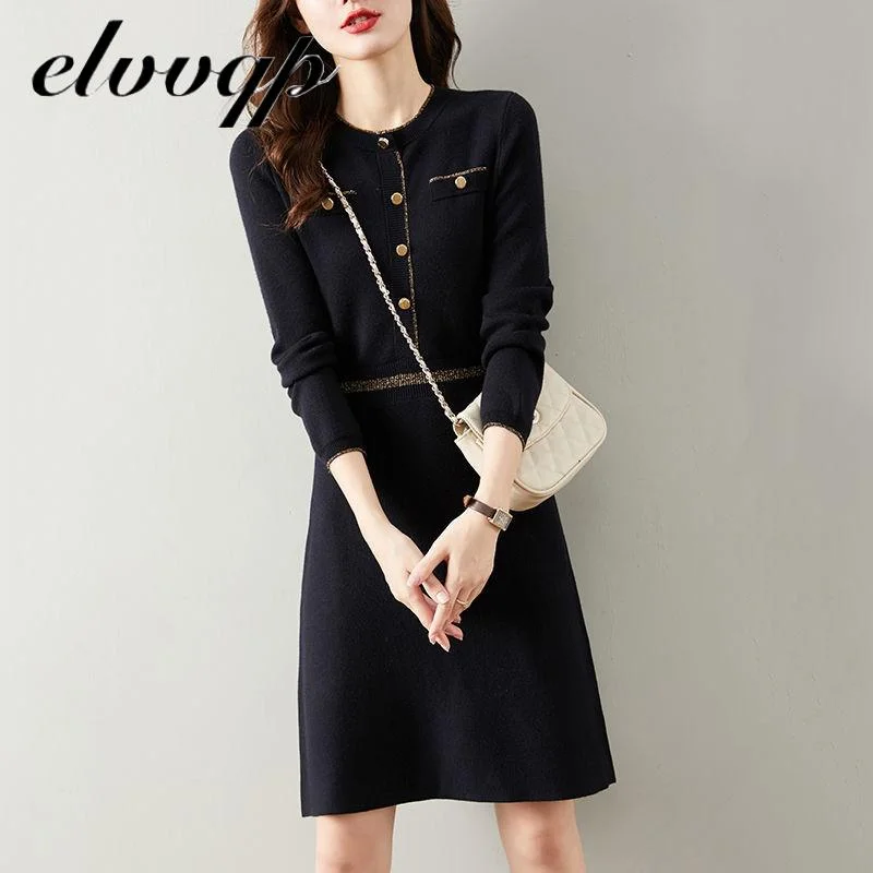 Knitted Long Sleeve Dress Women 2020 Slim Bodycon Autumn Korean Elegant Fall Winter Button O Neck Sweater Midi Ribbed Dress