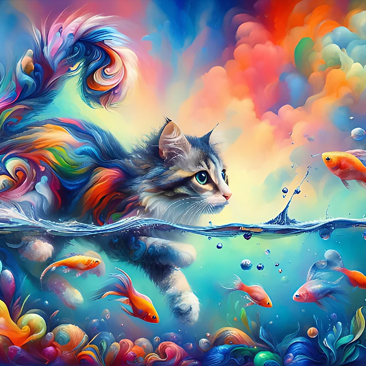 Goldfish And Colorful Cat 40*40CM (Canvas) Full Round Drill Diamond Painting gbfke
