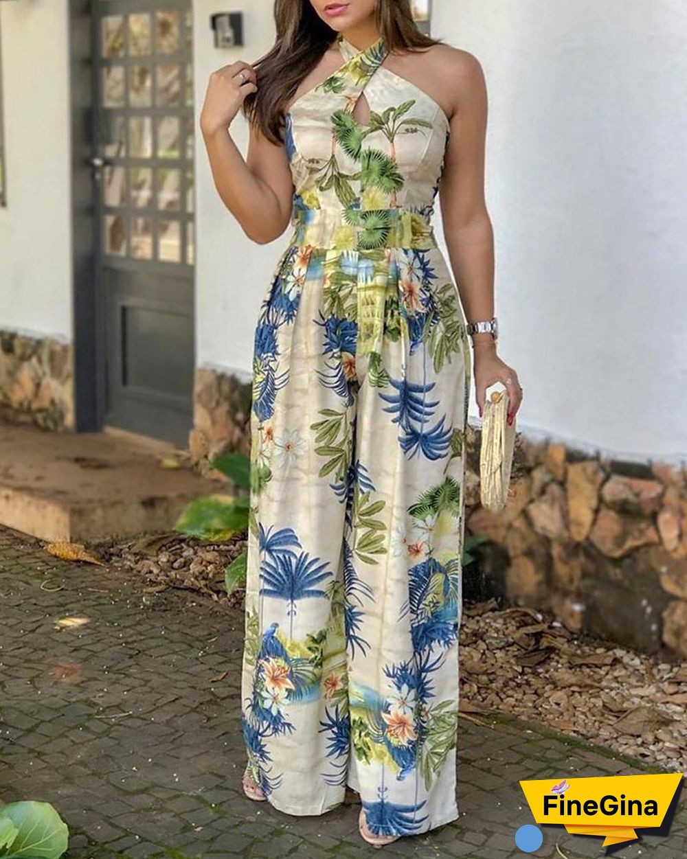Kiwi Tropical Print Halter Front Tie Jumpsuit