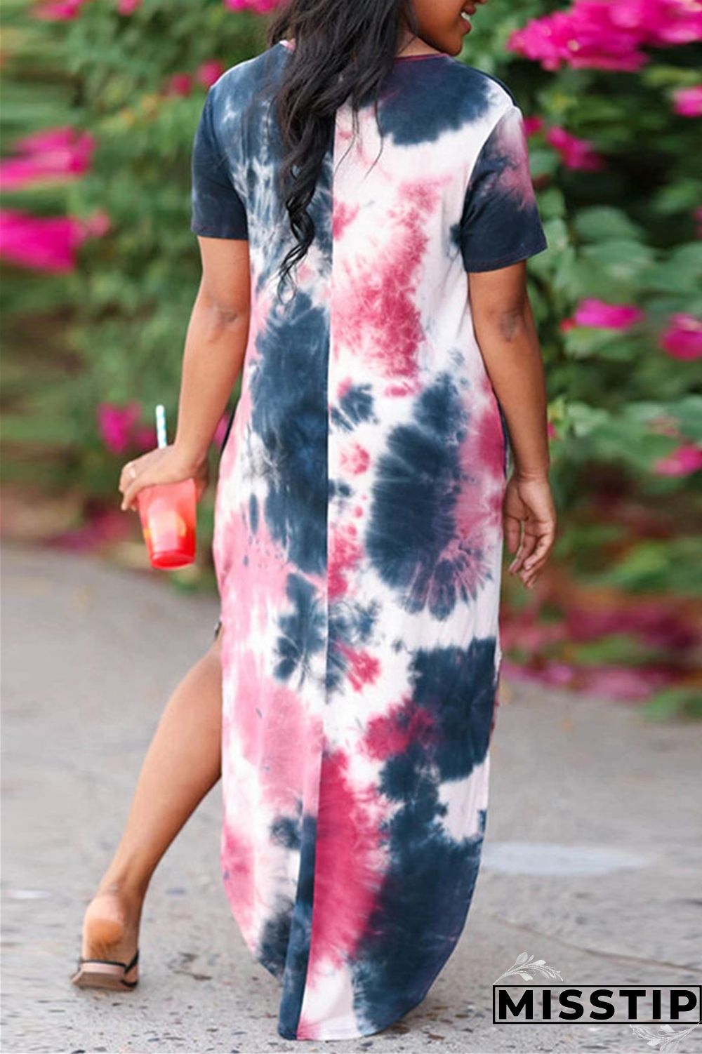 Rose Red Fashion Casual Print Tie Dye Slit O Neck Short Sleeve Dress