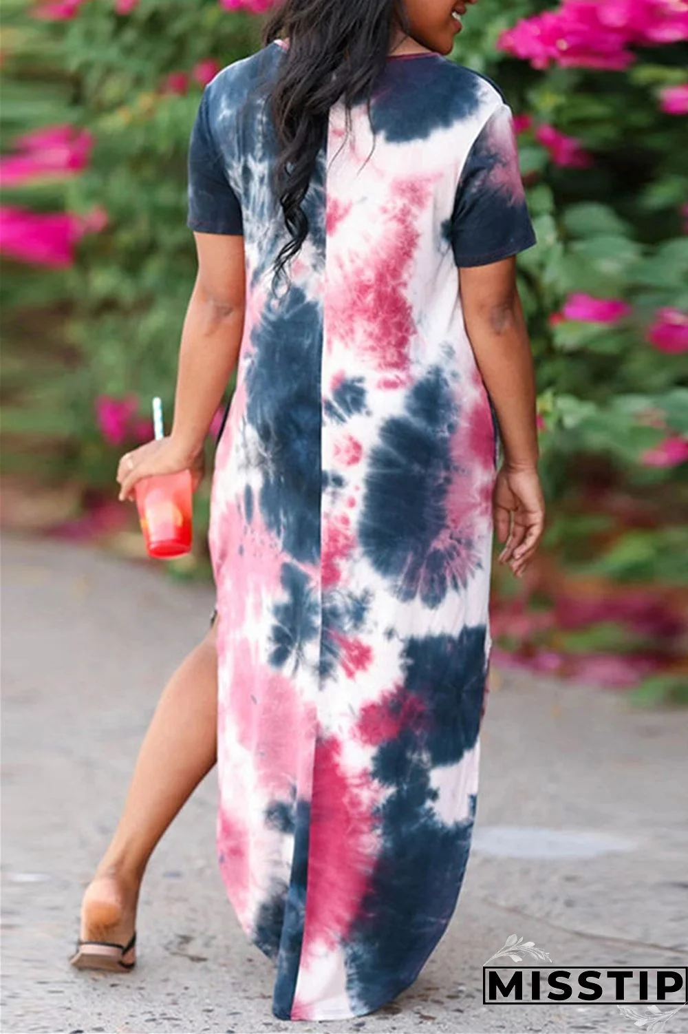Rose Red Fashion Casual Print Tie Dye Slit O Neck Short Sleeve Dress