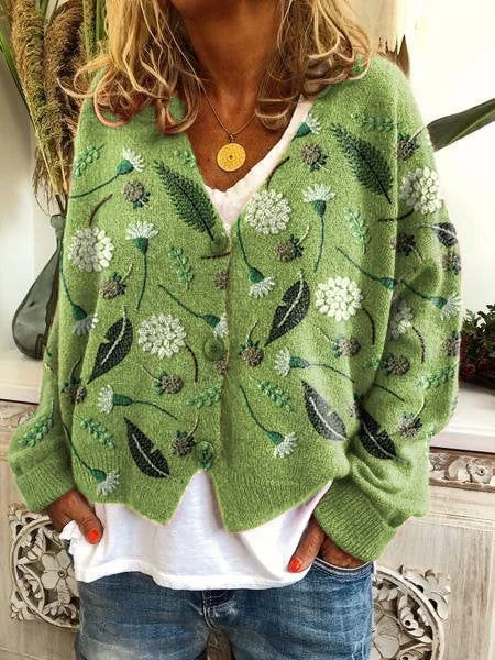 Women's Floral Embroidery Pattern Art Printed Casual Sweater Cardigan