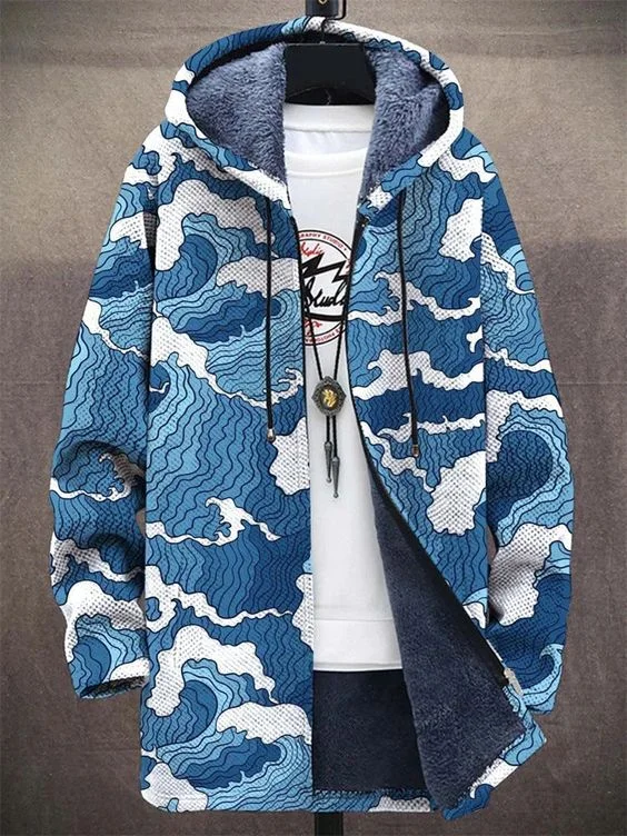 Men's Waves Line Japanese Art Print Fleece Lined Hooded Trench Coat