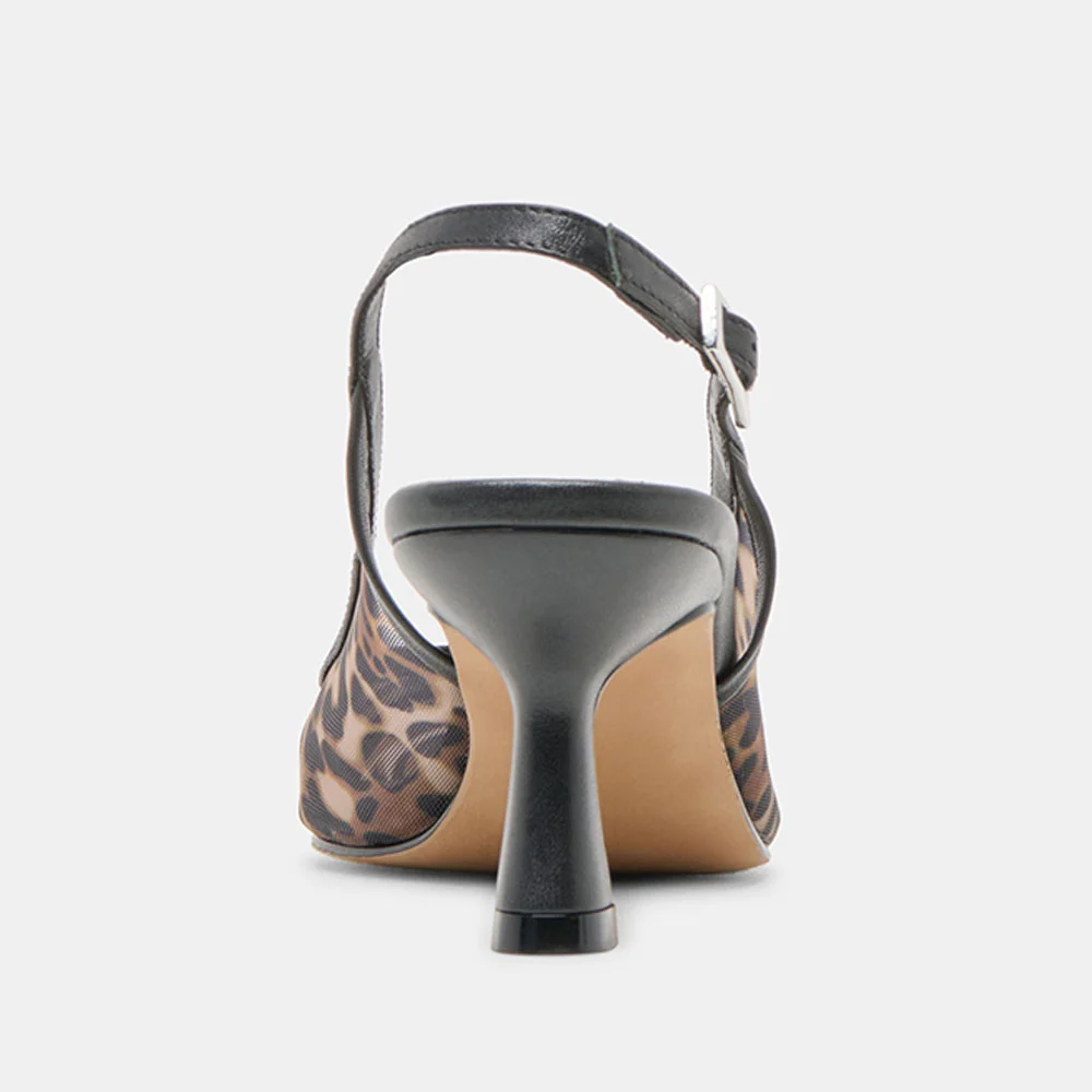 Beige Pointed Toe Leopard Print Slingback Flared Heel Pumps for Women