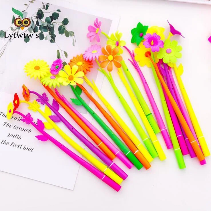 4 Piece Lytwtw's Silicone Colorful Creative Cute Flower Gel Pens Stationery Office School Supplies Gift Simulation Handles Rod