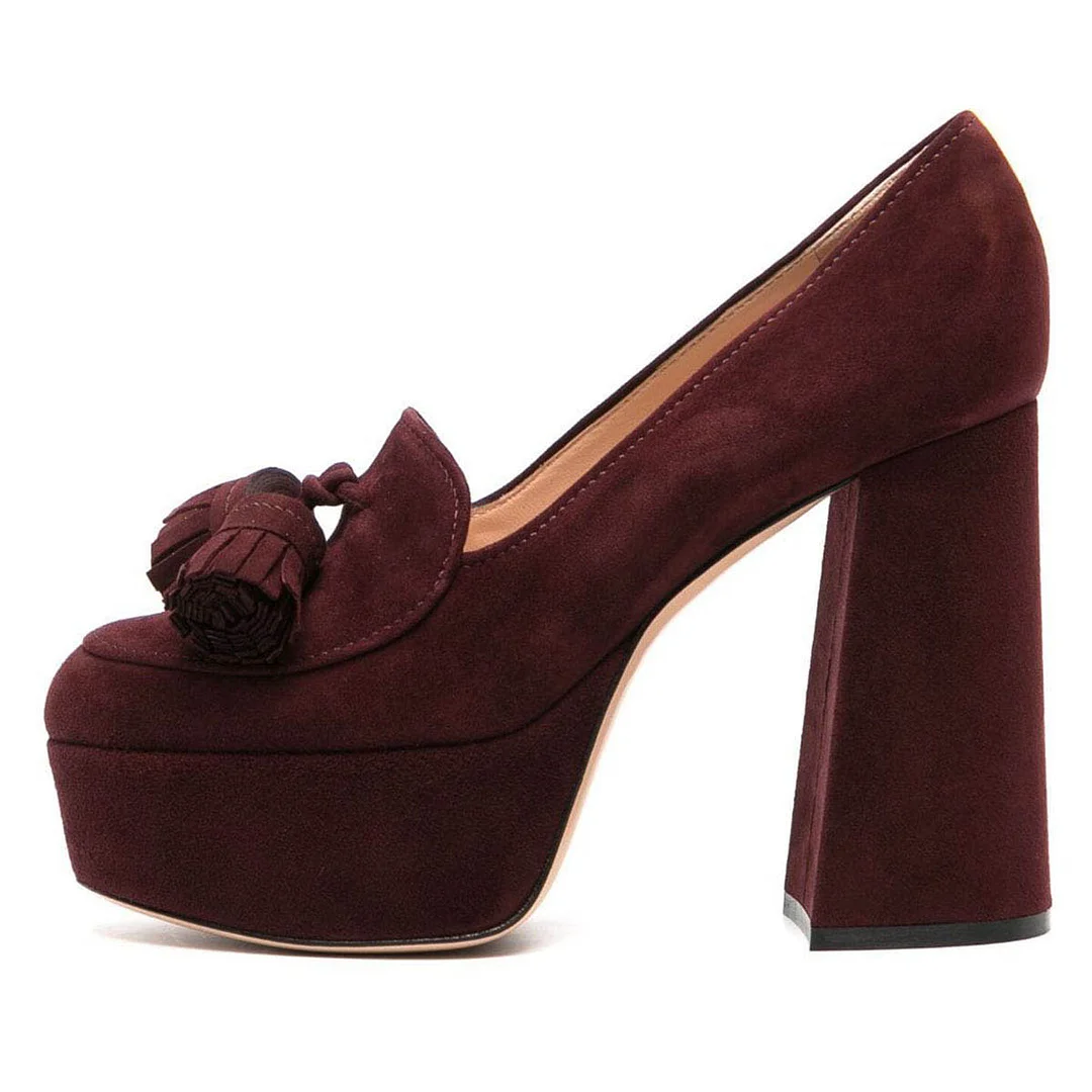 Maroon Fringe Round Toe Chunky Heel Platform Pumps for Women