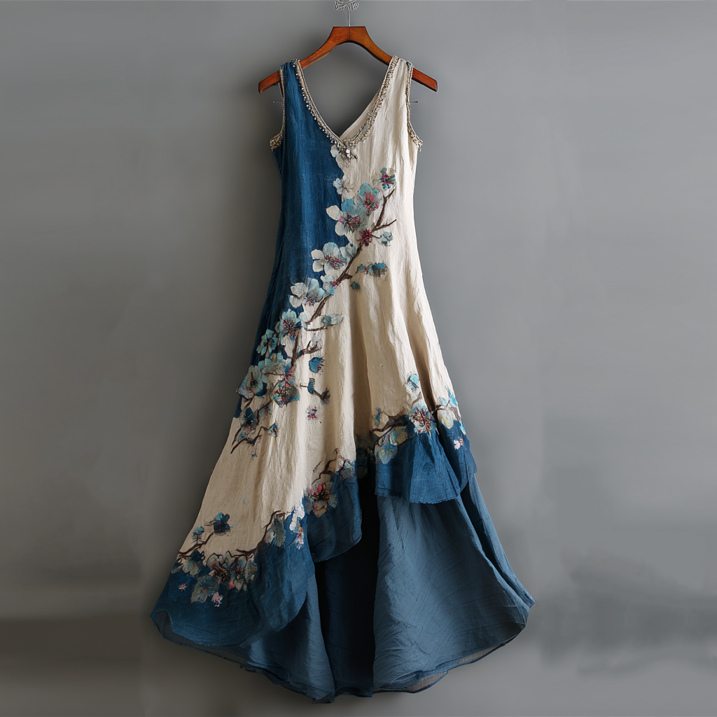 Comstylish Women's Vintage Cherry Blossom Colorblock Linen Sleeveless Dress