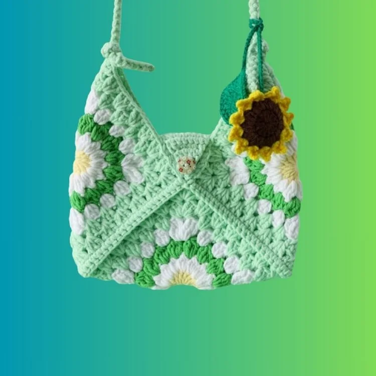 Lulusnow Handmade Green Granny Square Small Shoulder Bag Crochet Bag