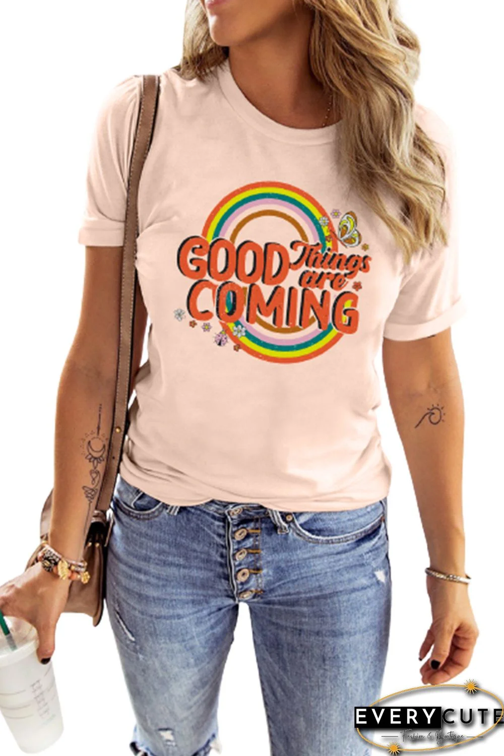 Pink Good Things Are Coming Graphic Print Short Sleeve T Shirt