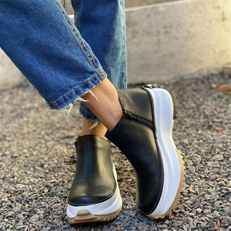Women's Ankle Boots Casual Leather Round Toe Side Zipper Ladies Platform Shoes for Women Female Footwear Botas De Mujer