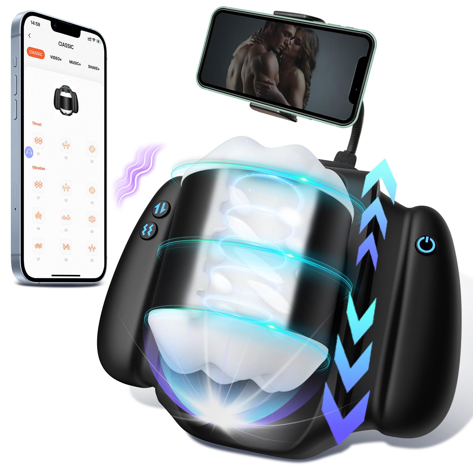 3 Thrusting & 10 Vibrating Male Masturbator With Phone Stand & Handle - Rose Toy
