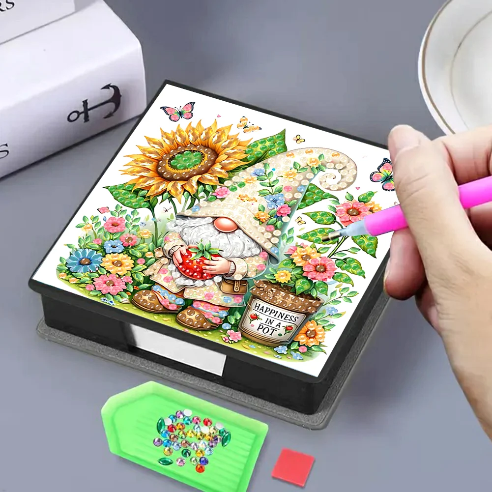 DIY Flower Gnome Leather Diamond Art Note Box with 160 Sheets of Paper for Beginners