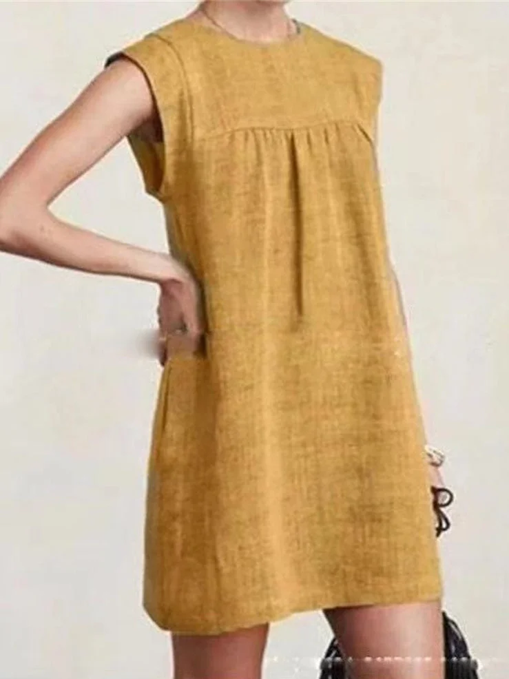 Loose Solid Round Neck Short Sleeve Linen Dress