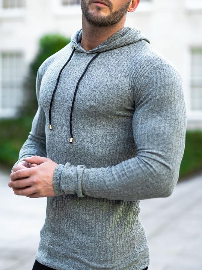 Gray Ribbed Knit Hoodie
