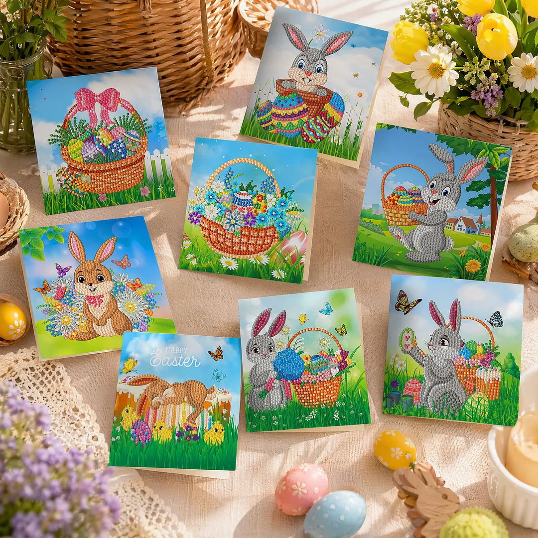 8PCS Outdoor Rabbit DIY Diamond Painting Greeting Card Kits with Envelopes Diamond Art Greeting Cards Diamond Art Cards Kits for Adults DIY Crafts Family Friend Gifts