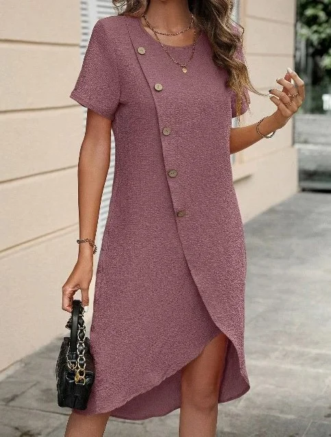 Stylish Solid Color Round Neck Elegant Midi Dress