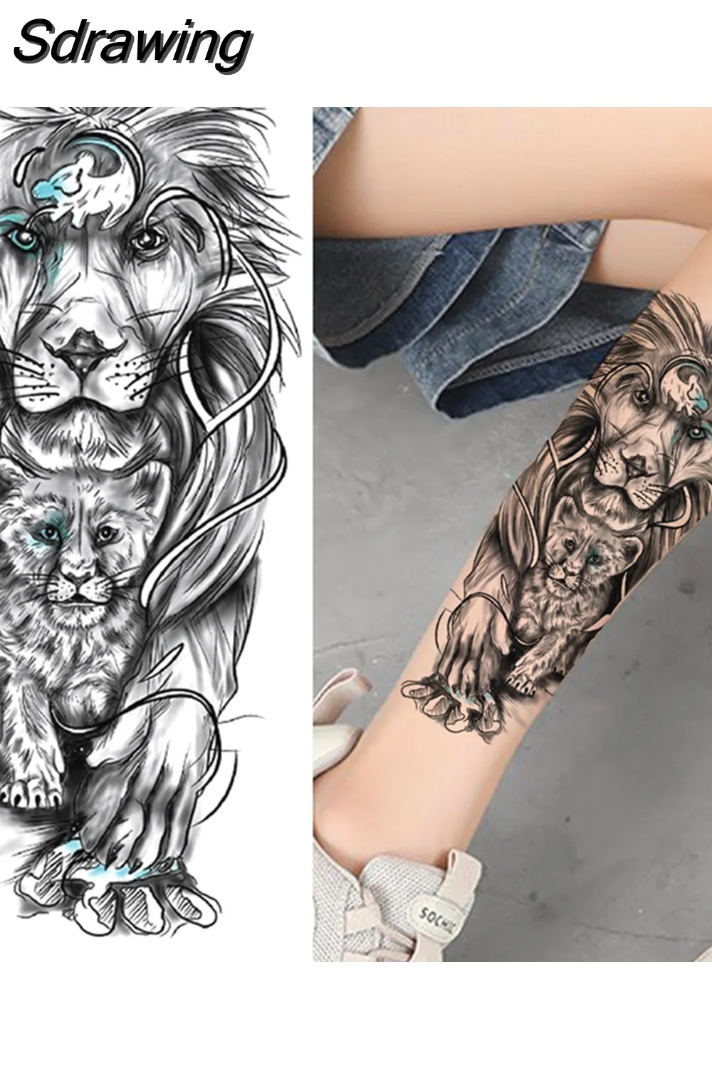 Sdrawing Lion Temporary Tattoo For Women Men Adult Skull Tiger Wolf Forest Tattoo Sticker Black Fake Realistic Demon Tatoos Forearm 430-1