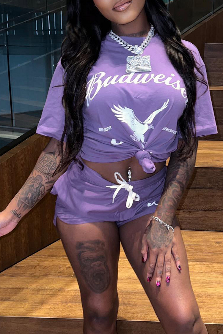 Purple Fashion Print Split Joint O Neck Short Sleeve Two Pieces