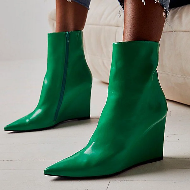 FSJ Green Fashion Boots Pointed Toe Wedge Booties for Women |FSJ Shoes