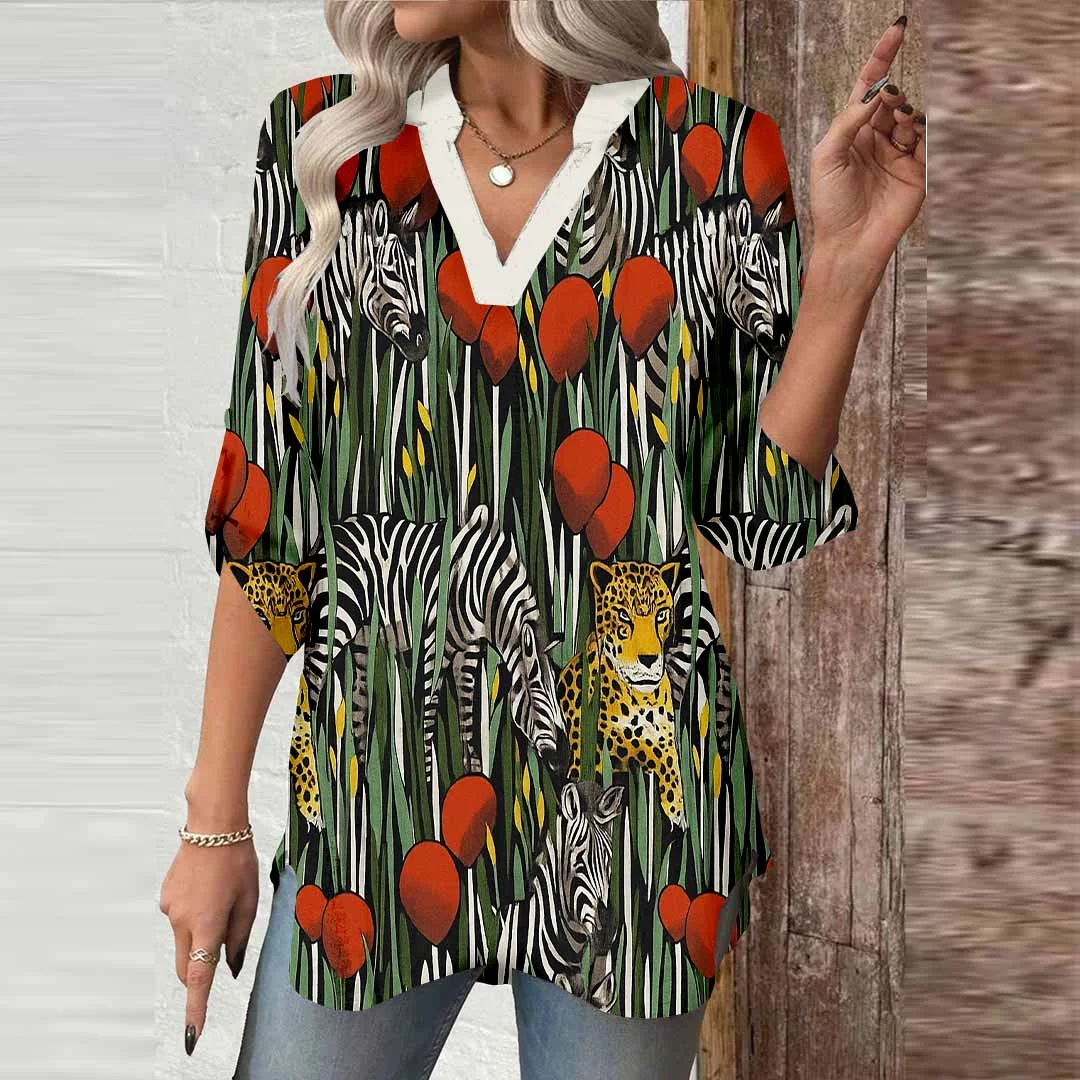 Women Stripes, Black, Red DZGA0485 3/4 Sleeve V-neck Printed Graphic Button Tops