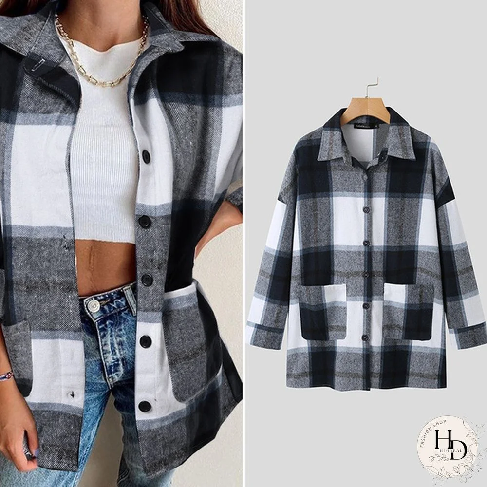 Women Plaid Long Sleeve Jacket Coat Spring Autumn Elegant Button Shirt Plus Size Coat Tops