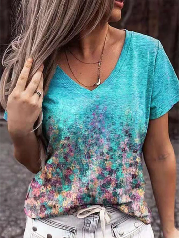 Floral Art Print V Neck T Shirt