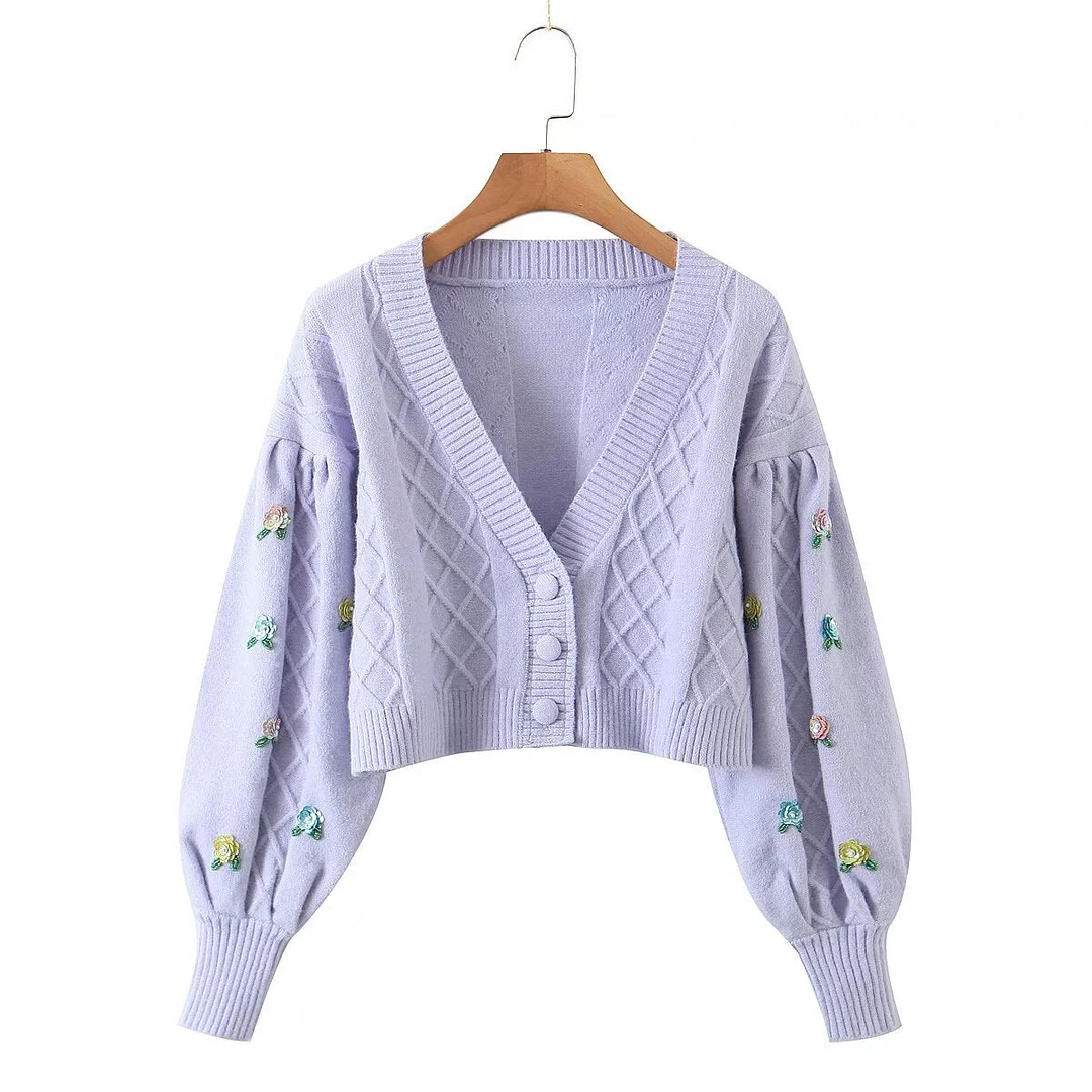 V Neck Women Top Sweater Cardigan Flower Knittend Cardigans Single Breasted Oversize Sweaters Vintage Cropped Coat