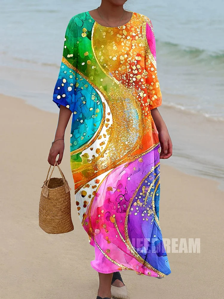 Womens Colorful Fluid Art Pattern Pocket Cotton Dress