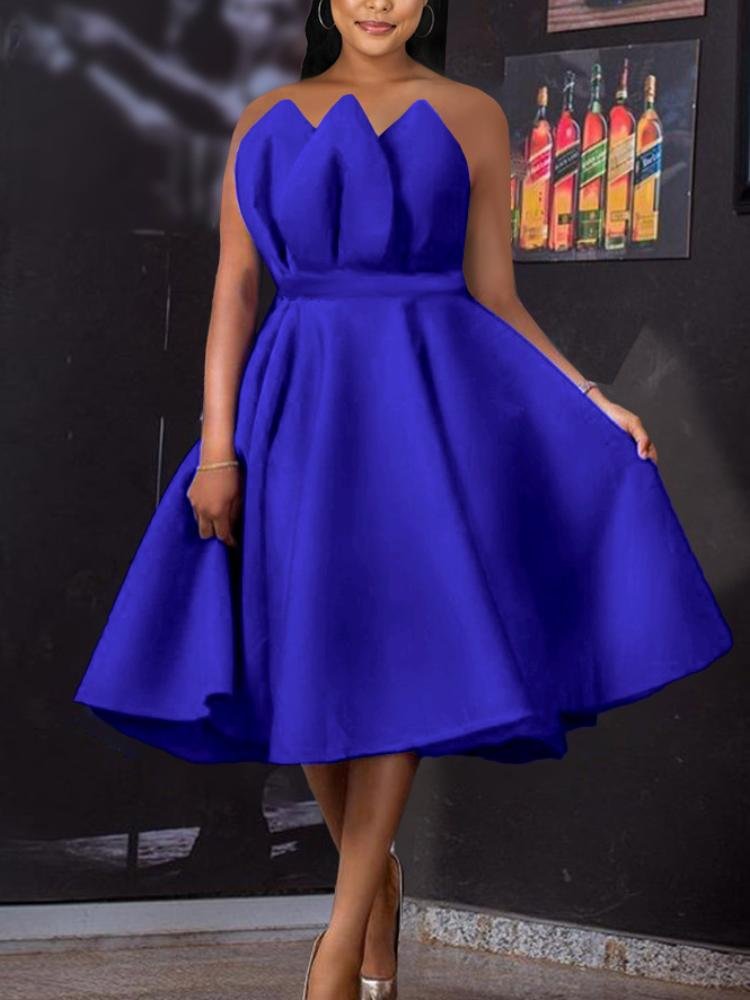 Neosepa-Chic Off Shoulder Sleeveless Open Back Ruffles Royal Blue Skater Dress