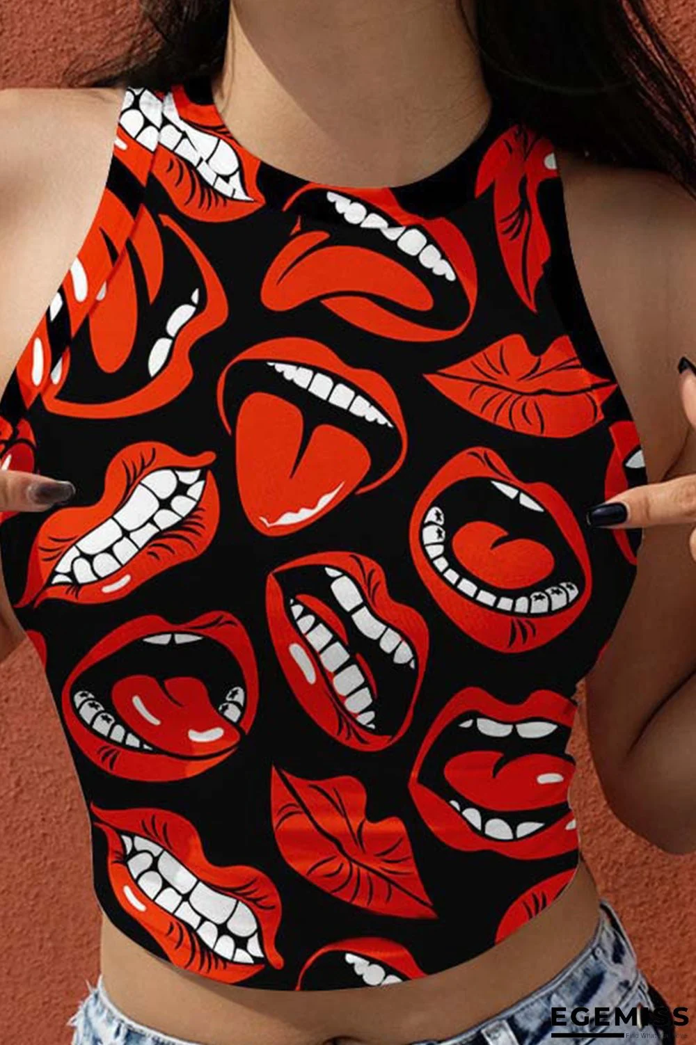 Black Red Fashion Casual Lips Printed Basic O Neck Tops | EGEMISS
