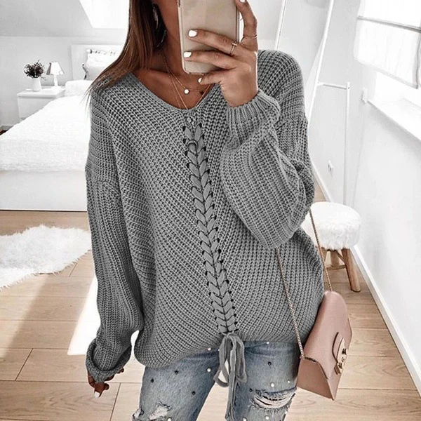 Wongn Wongn New Women Long Sleeves Loose V Neck Rope Exposed Back Jumper Knit Sweater Women's Clothing