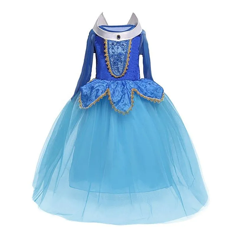 4-10T Girls Party Princess Dress Baby Girls Summer Elegant Long Sleeve Blue Dresses Birthday Party Fantasy Ball Dress