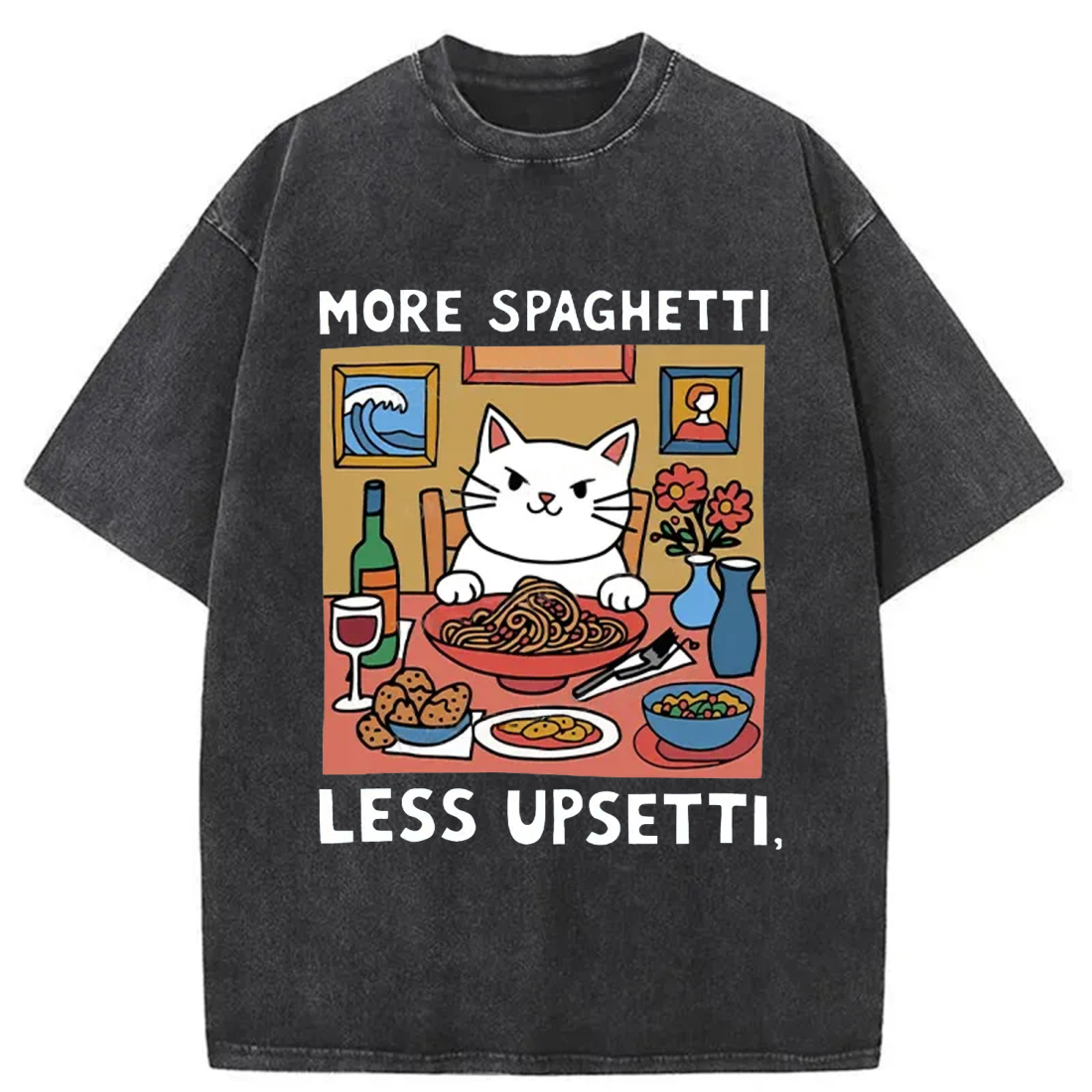 Cat Eating Spaghetti Washed T-shirt artswardrobe