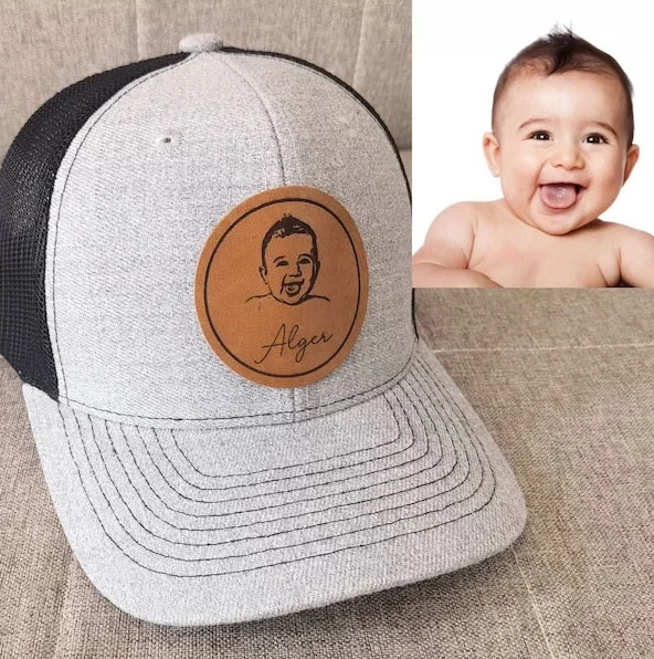 Custom Portrait Trucker Hat | Custom Engraved Leather Patch Hat | Custom Gift | Personalized Family Portrait Picture Hat | Father's Day Gift