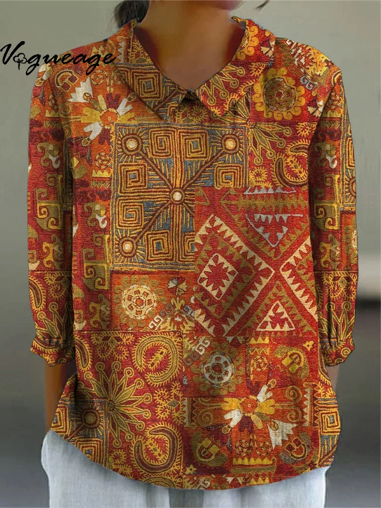 Gentle And Elegant Ethnic Pattern Printed Cotton And Linen Women Shirt