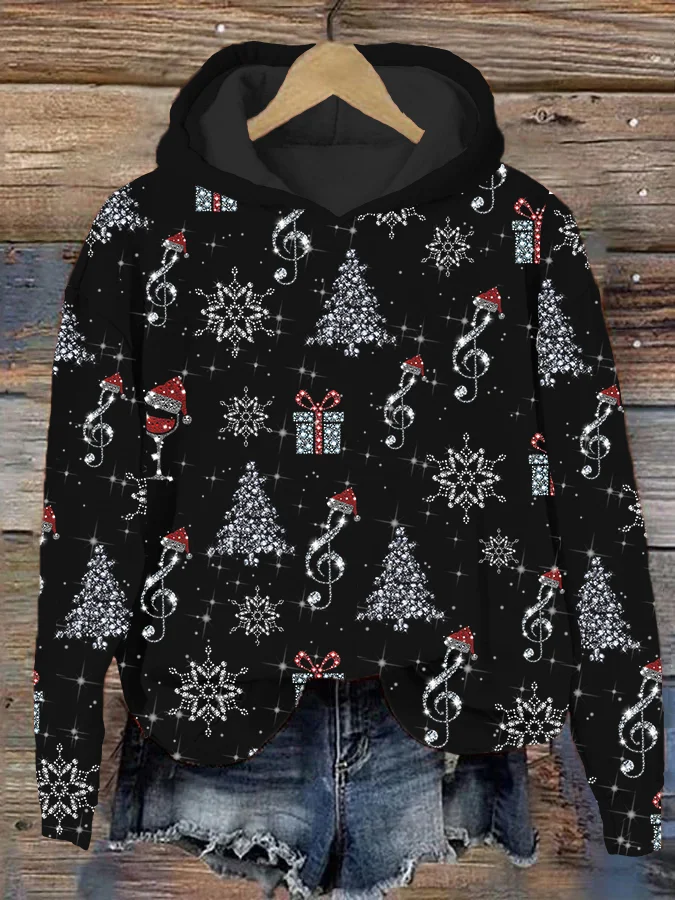 Comstylish Glitter Music Notes Snowflake Christmas Casual Cozy Hoodie