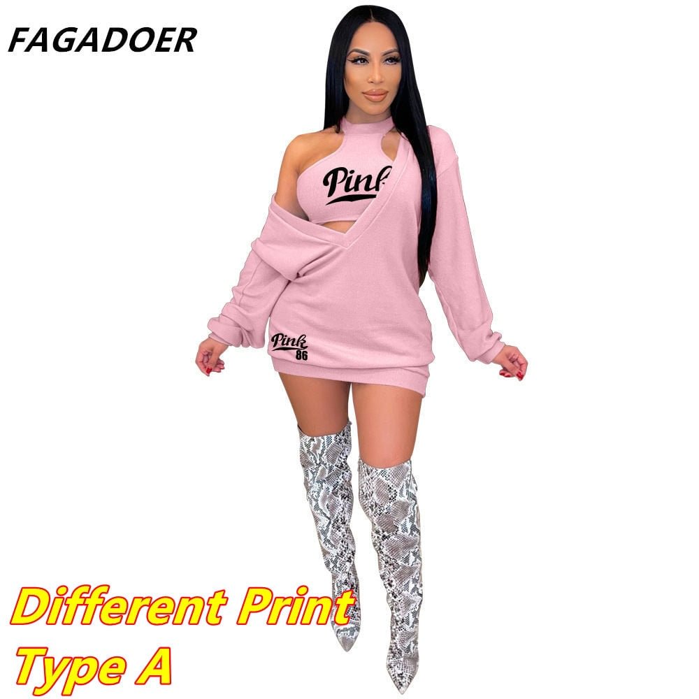 FAGADOER Fashion Street Clothes Women Crop Vest+Sexy V Neck Loose Dress Two Piece Casual PINK Letter Print Matching Outfits 2022