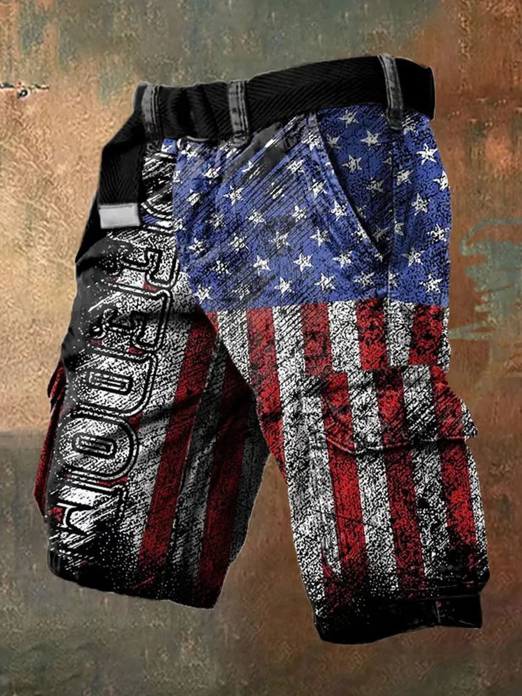 Men's Independence Day Vintage American Flag Print Overalls Shorts Without Belt