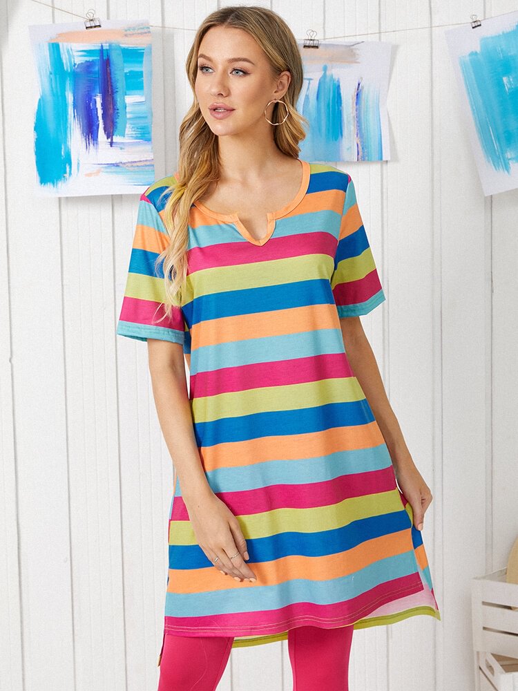Colorful Striped Print Short Sleeve Slit T shirt for Women P1834974