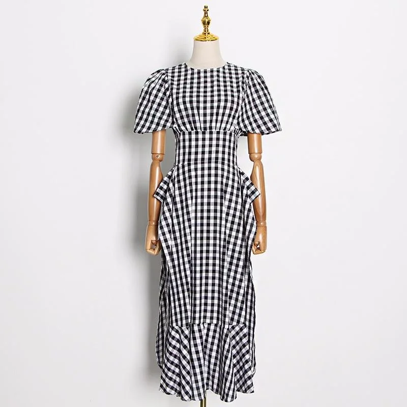 ABEBEY Split Dress Plaid Short Sleeve Tunic High Waist Ruffles Large Size Long Dresses 2023 Summer Elegant New Clothing