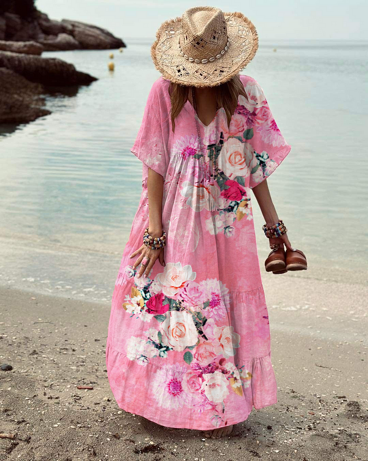Women's V-Neck Pink Floral Print Beach Dress socialshop