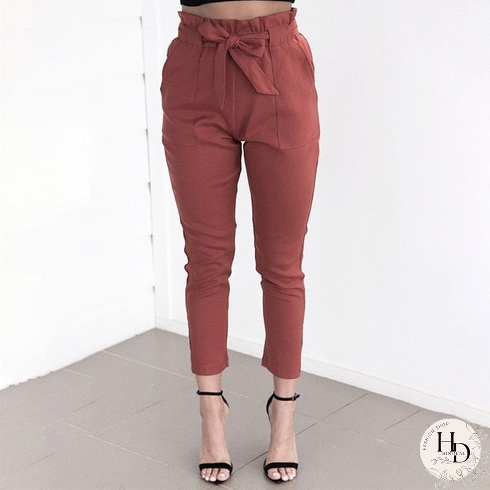 Loose Bow Tie Ruffles Women Pants Casual Solid High Waisted Belt Pocket Spring Women