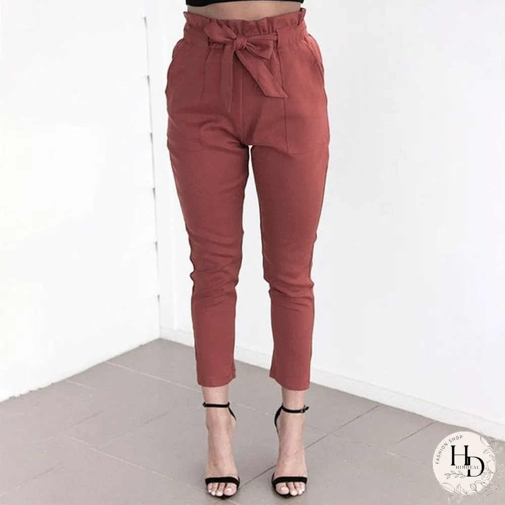Loose Bow Tie Ruffles Women Pants Casual Solid High Waisted Belt Pocket Spring Women