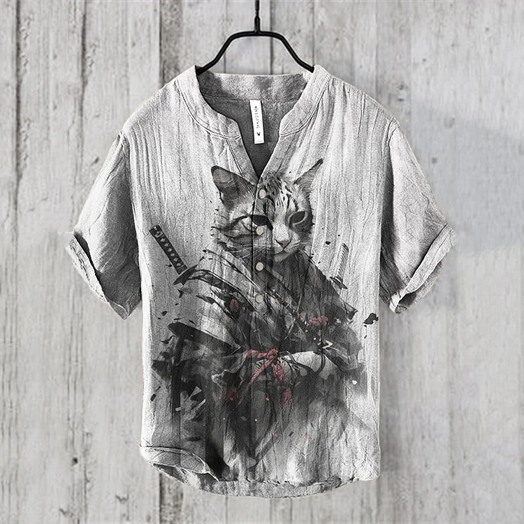 Comstylish Japanese Warrior Cat Art Linen Blend Shirt