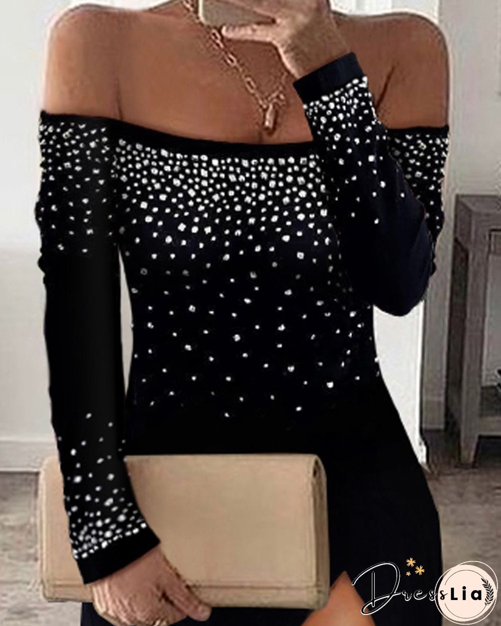 Studded Off Shoulder Split Thigh Dress