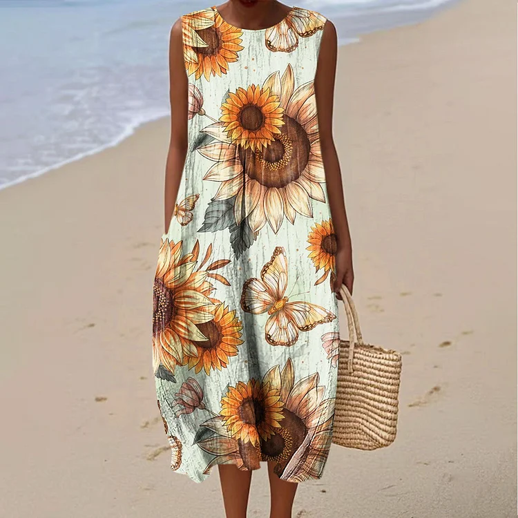 Women's Vintage Flower Art Print Sleeveless Cotton Pocket Wrap Dress