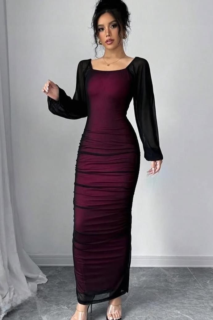 Oknass Square Neck Long Sleeves Long Mermaid Prom Dress With Pleated